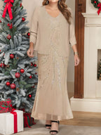 Sheath/Column V-Neck Ankle-Length Plus Size Mother of the Bride Dresses with Jacket & Sequins Beading