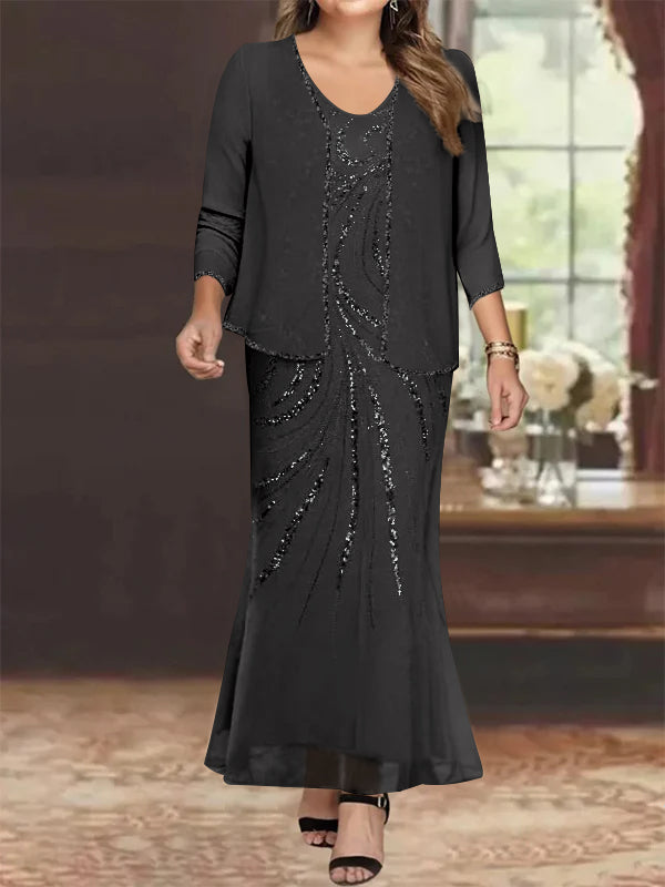 Sheath/Column V-Neck Ankle-Length Plus Size Mother of the Bride Dresses with Jacket & Sequins Beading