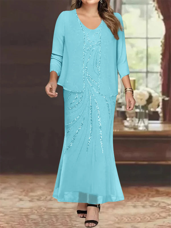 Sheath/Column V-Neck Ankle-Length Plus Size Mother of the Bride Dresses with Jacket & Sequins Beading