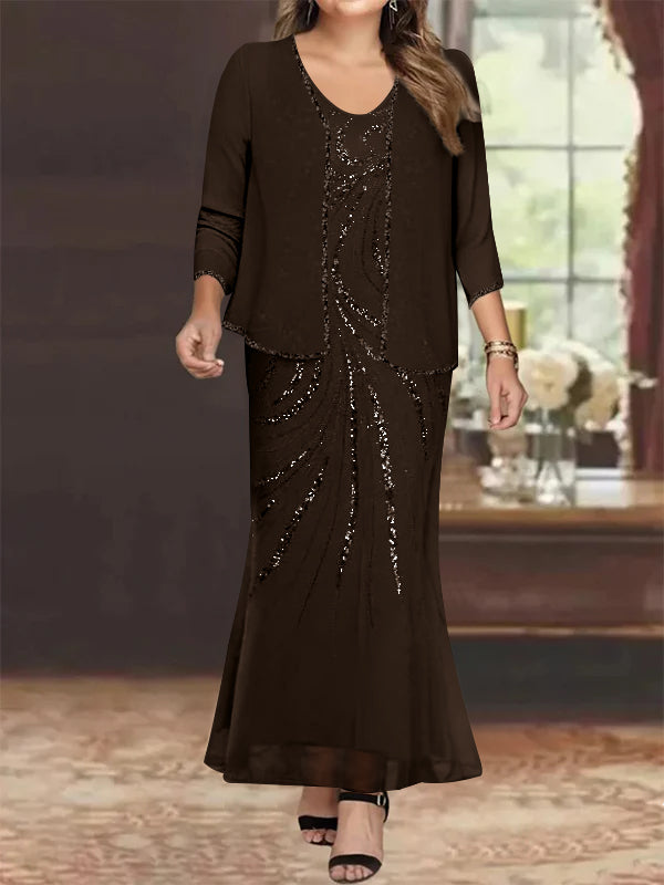 Sheath/Column V-Neck Ankle-Length Plus Size Mother of the Bride Dresses with Jacket & Sequins Beading