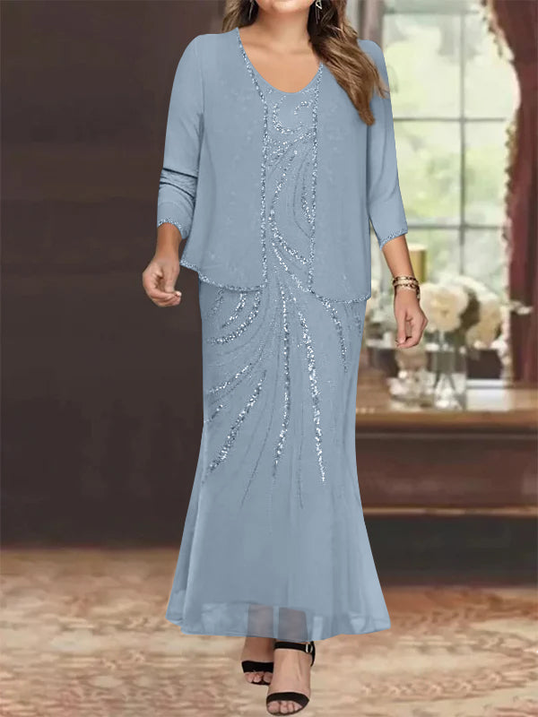 Sheath/Column V-Neck Ankle-Length Plus Size Mother of the Bride Dresses with Jacket & Sequins Beading
