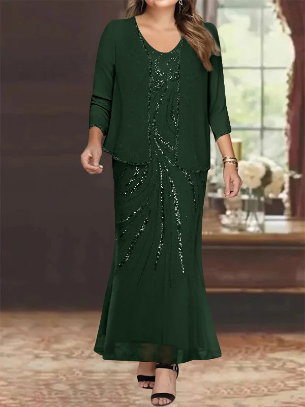 Sheath/Column V-Neck Ankle-Length Plus Size Mother of the Bride Dresses with Jacket & Sequins Beading