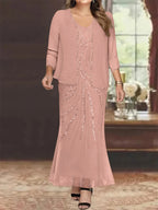 Sheath/Column V-Neck Ankle-Length Plus Size Mother of the Bride Dresses with Jacket & Sequins Beading