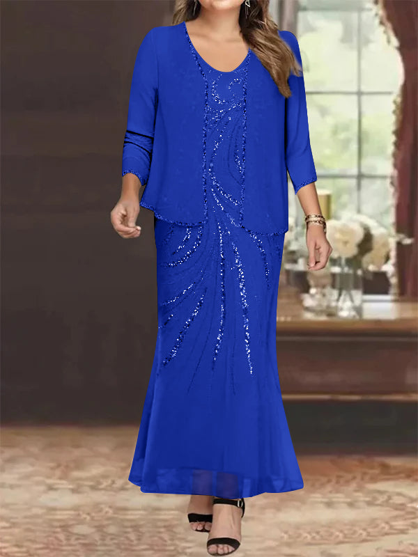 Sheath/Column V-Neck Ankle-Length Plus Size Mother of the Bride Dresses with Jacket & Sequins Beading