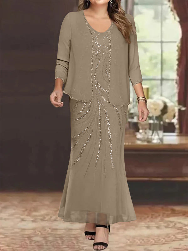 Sheath/Column V-Neck Ankle-Length Plus Size Mother of the Bride Dresses with Jacket & Sequins Beading