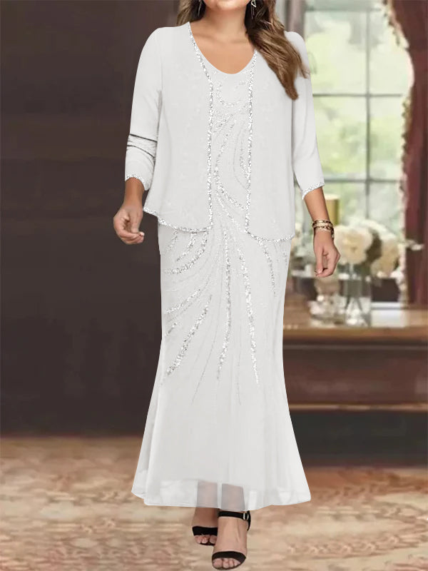 Sheath/Column V-Neck Ankle-Length Plus Size Mother of the Bride Dresses with Jacket & Sequins Beading