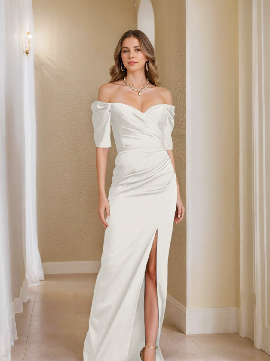 Sheath/Column Off-the-Shoulder Short Sleeves Mother of the Bride Dresses With Split Front