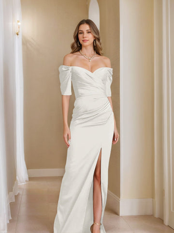Sheath/Column Off-the-Shoulder Short Sleeves Mother of the Bride Dresses With Split Front