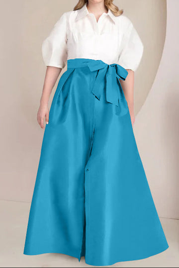 A-Line/Princess Shirt Collar Short Sleeves Floor-Length Plus Size Mother Of The Bride Dresses with Bowknot