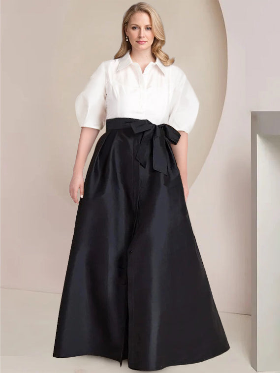 A-Line/Princess Shirt Collar Short Sleeves Floor-Length Plus Size Mother Of The Bride Dresses with Bowknot