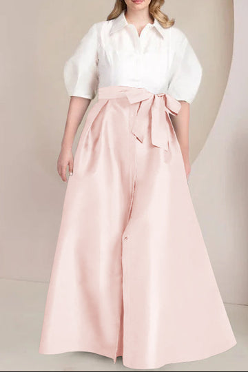 A-Line/Princess Shirt Collar Short Sleeves Floor-Length Plus Size Mother Of The Bride Dresses with Bowknot