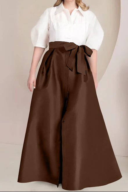 A-Line/Princess Shirt Collar Short Sleeves Floor-Length Plus Size Mother Of The Bride Dresses with Bowknot