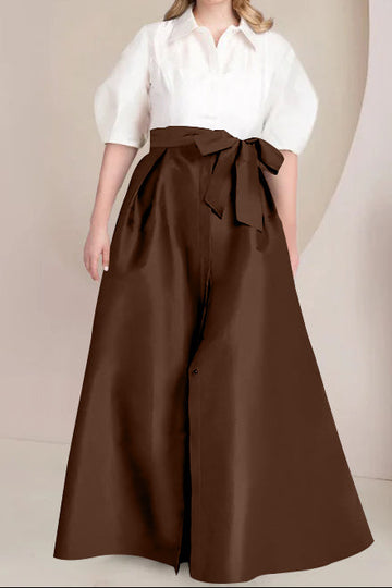 A-Line/Princess Shirt Collar Short Sleeves Floor-Length Plus Size Mother Of The Bride Dresses with Bowknot
