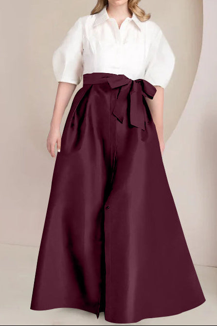 A-Line/Princess Shirt Collar Short Sleeves Floor-Length Plus Size Mother Of The Bride Dresses with Bowknot