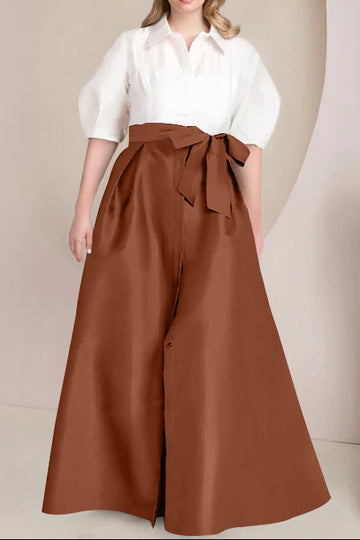 A-Line/Princess Shirt Collar Short Sleeves Floor-Length Plus Size Mother Of The Bride Dresses with Bowknot