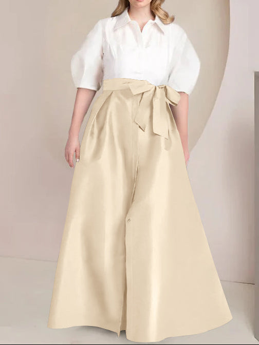 A-Line/Princess Shirt Collar Short Sleeves Floor-Length Plus Size Mother Of The Bride Dresses with Bowknot
