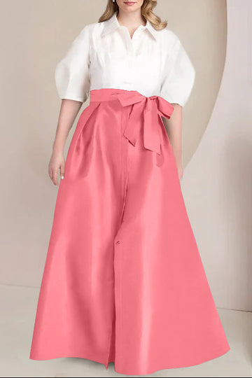A-Line/Princess Shirt Collar Short Sleeves Floor-Length Plus Size Mother Of The Bride Dresses with Bowknot