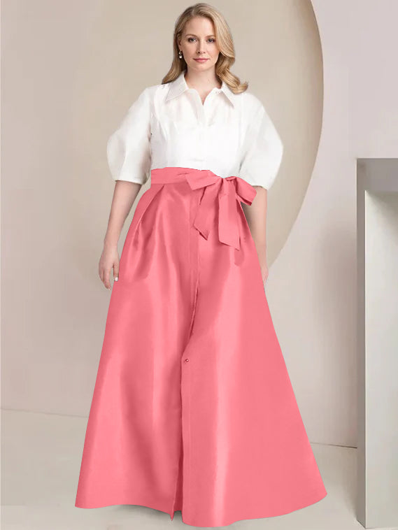 A-Line/Princess Shirt Collar Short Sleeves Floor-Length Plus Size Mother Of The Bride Dresses with Bowknot