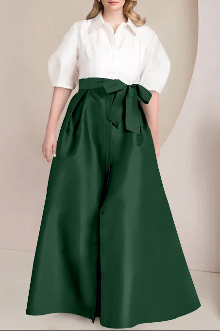 A-Line/Princess Shirt Collar Short Sleeves Floor-Length Plus Size Mother Of The Bride Dresses with Bowknot