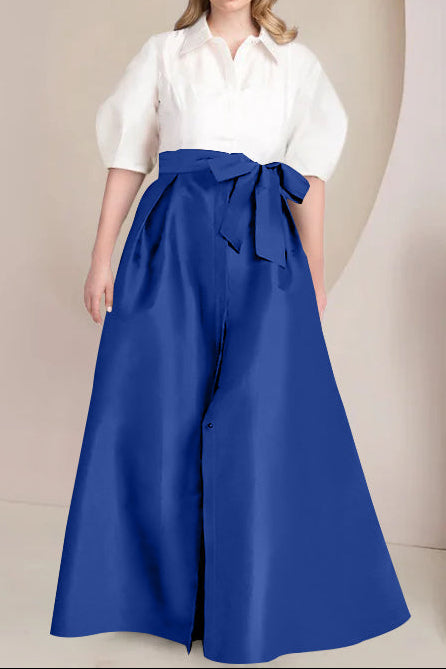 A-Line/Princess Shirt Collar Short Sleeves Floor-Length Plus Size Mother Of The Bride Dresses with Bowknot