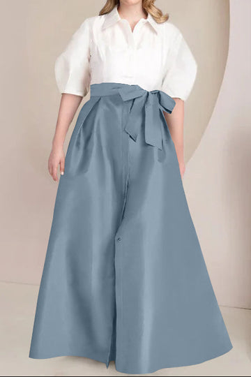 A-Line/Princess Shirt Collar Short Sleeves Floor-Length Plus Size Mother Of The Bride Dresses with Bowknot