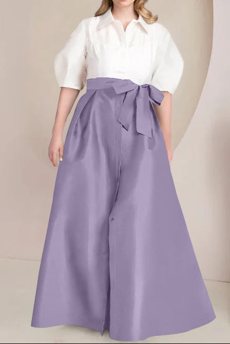 A-Line/Princess Shirt Collar Short Sleeves Floor-Length Plus Size Mother Of The Bride Dresses with Bowknot