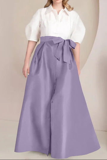 A-Line/Princess Shirt Collar Short Sleeves Floor-Length Plus Size Mother Of The Bride Dresses with Bowknot