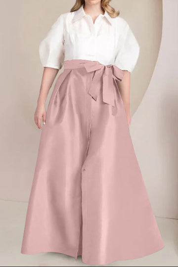 A-Line/Princess Shirt Collar Short Sleeves Floor-Length Plus Size Mother Of The Bride Dresses with Bowknot