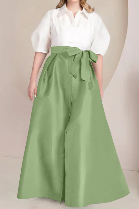 A-Line/Princess Shirt Collar Short Sleeves Floor-Length Plus Size Mother Of The Bride Dresses with Bowknot