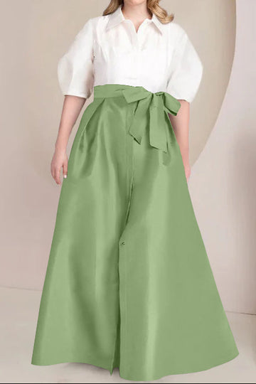 A-Line/Princess Shirt Collar Short Sleeves Floor-Length Plus Size Mother Of The Bride Dresses with Bowknot