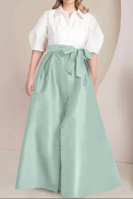 A-Line/Princess Shirt Collar Short Sleeves Floor-Length Plus Size Mother Of The Bride Dresses with Bowknot