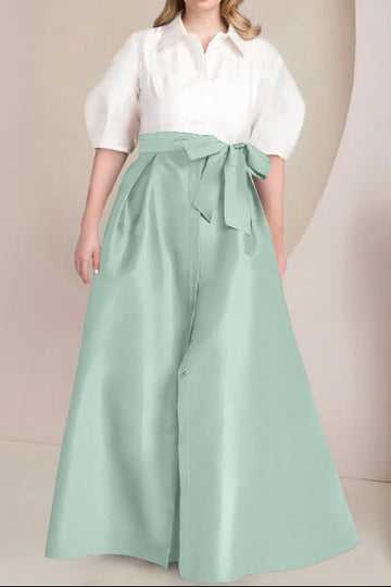 A-Line/Princess Shirt Collar Short Sleeves Floor-Length Plus Size Mother Of The Bride Dresses with Bowknot