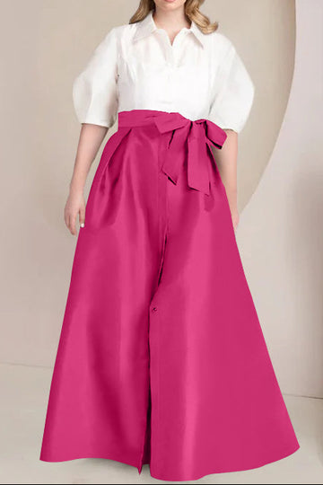 A-Line/Princess Shirt Collar Short Sleeves Floor-Length Plus Size Mother Of The Bride Dresses with Bowknot