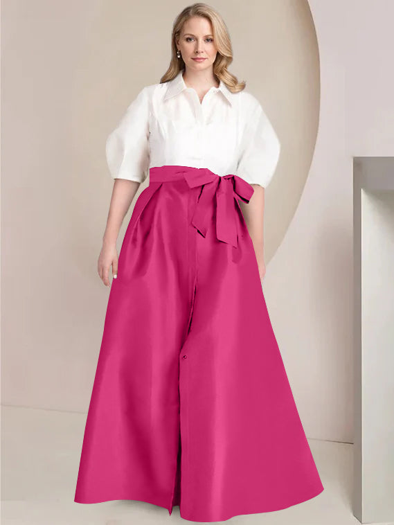 A-Line/Princess Shirt Collar Short Sleeves Floor-Length Plus Size Mother Of The Bride Dresses with Bowknot
