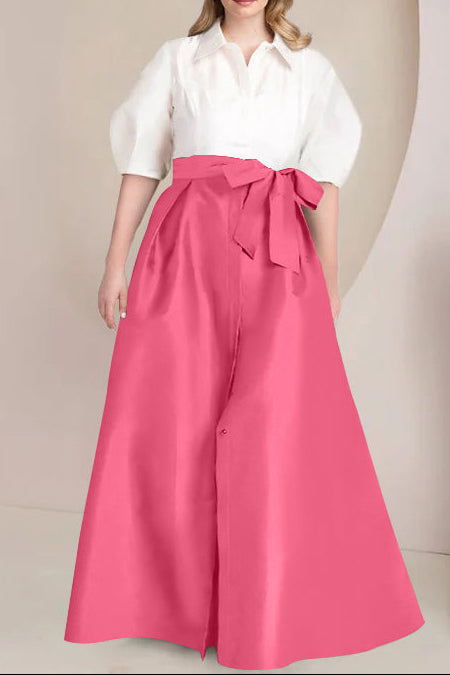 A-Line/Princess Shirt Collar Short Sleeves Floor-Length Plus Size Mother Of The Bride Dresses with Bowknot