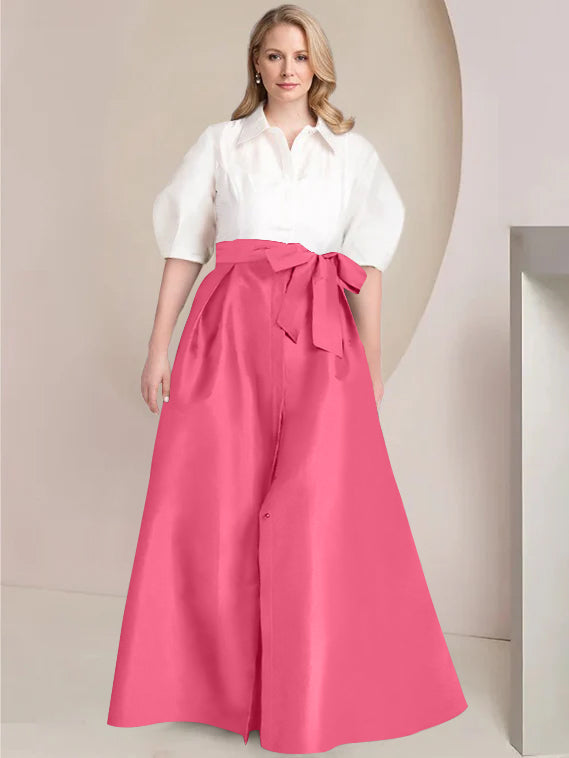 A-Line/Princess Shirt Collar Short Sleeves Floor-Length Plus Size Mother Of The Bride Dresses with Bowknot