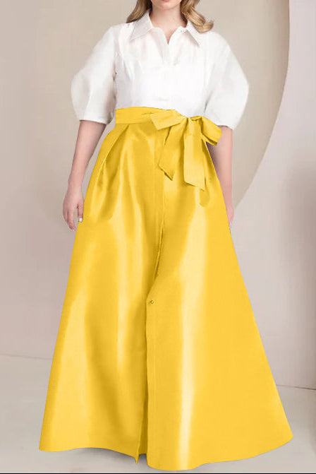 A-Line/Princess Shirt Collar Short Sleeves Floor-Length Plus Size Mother Of The Bride Dresses with Bowknot
