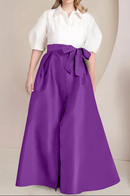 A-Line/Princess Shirt Collar Short Sleeves Floor-Length Plus Size Mother Of The Bride Dresses with Bowknot