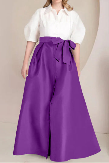 A-Line/Princess Shirt Collar Short Sleeves Floor-Length Plus Size Mother Of The Bride Dresses with Bowknot