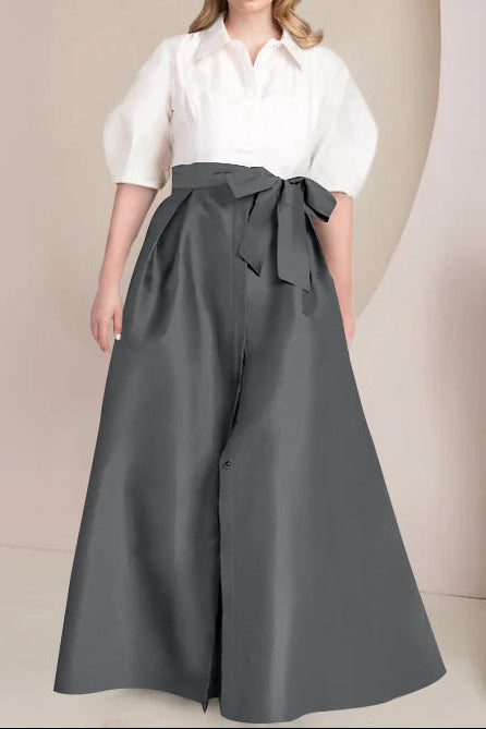 A-Line/Princess Shirt Collar Short Sleeves Floor-Length Plus Size Mother Of The Bride Dresses with Bowknot