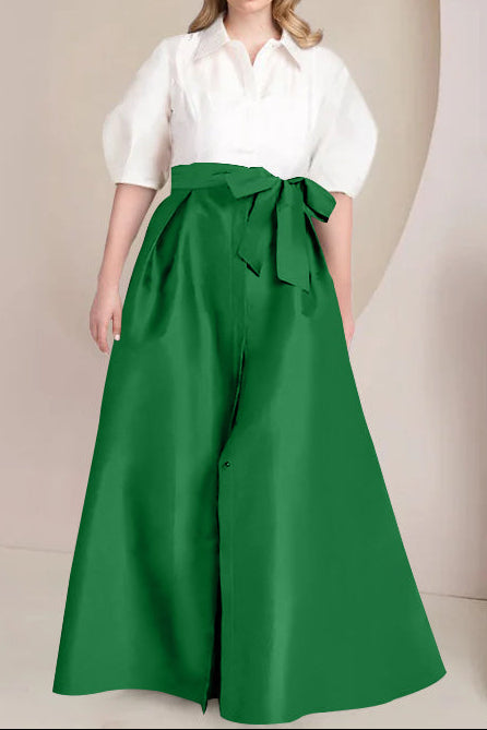 A-Line/Princess Shirt Collar Short Sleeves Floor-Length Plus Size Mother Of The Bride Dresses with Bowknot