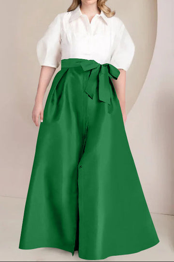 A-Line/Princess Shirt Collar Short Sleeves Floor-Length Plus Size Mother Of The Bride Dresses with Bowknot