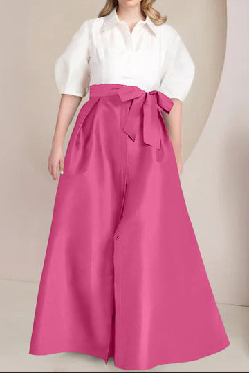 A-Line/Princess Shirt Collar Short Sleeves Floor-Length Plus Size Mother Of The Bride Dresses with Bowknot