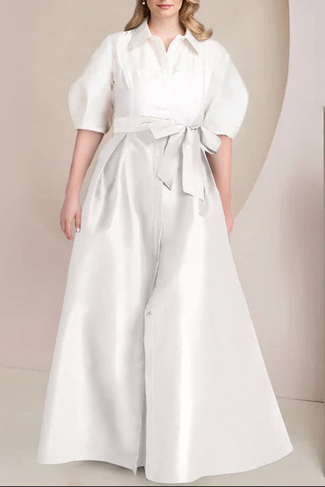 A-Line/Princess Shirt Collar Short Sleeves Floor-Length Plus Size Mother Of The Bride Dresses with Bowknot