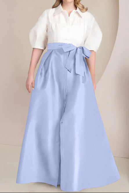 A-Line/Princess Shirt Collar Short Sleeves Floor-Length Plus Size Mother Of The Bride Dresses with Bowknot