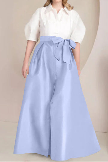 A-Line/Princess Shirt Collar Short Sleeves Floor-Length Plus Size Mother Of The Bride Dresses with Bowknot