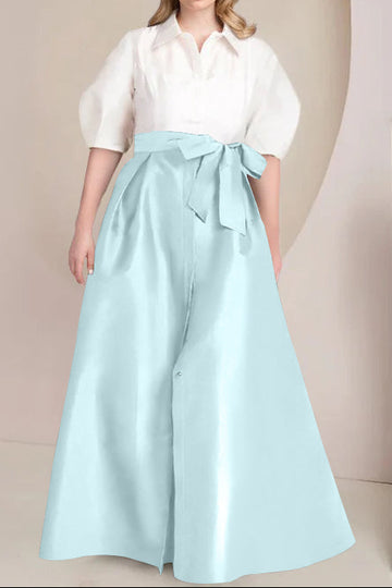 A-Line/Princess Shirt Collar Short Sleeves Floor-Length Plus Size Mother Of The Bride Dresses with Bowknot