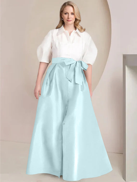 A-Line/Princess Shirt Collar Short Sleeves Floor-Length Plus Size Mother Of The Bride Dresses with Bowknot