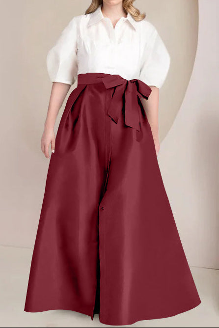 A-Line/Princess Shirt Collar Short Sleeves Floor-Length Plus Size Mother Of The Bride Dresses with Bowknot