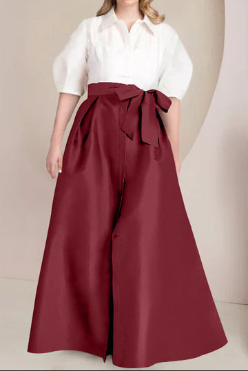 A-Line/Princess Shirt Collar Short Sleeves Floor-Length Plus Size Mother Of The Bride Dresses with Bowknot